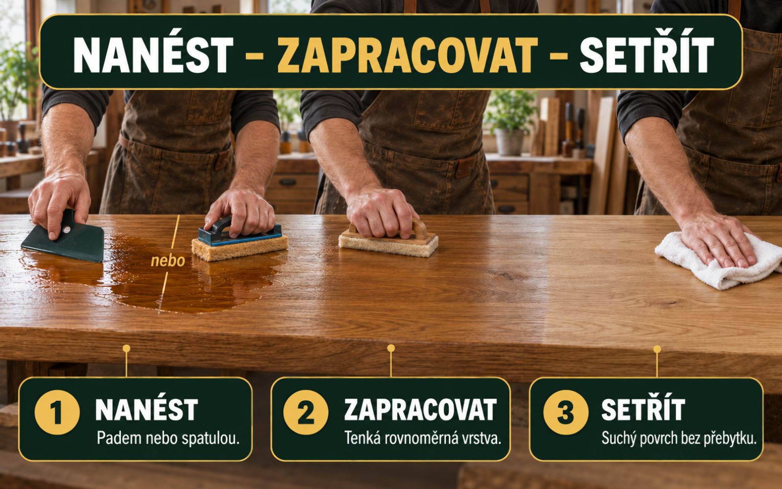 Nanést – zapracovat – setřít olej při aplikaci Rubio Oil Plus 2C